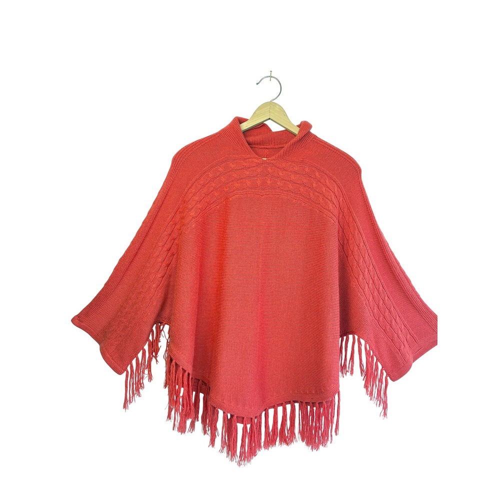 100% Baby Alpaca Cable Knit Fringe Poncho Sweate Peruvian Imports Coral Red XL